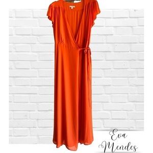 Eva Mendez Sz M Maxi Orange Wrap Dress Bohemian Chic Resortwear Formal V Neck
